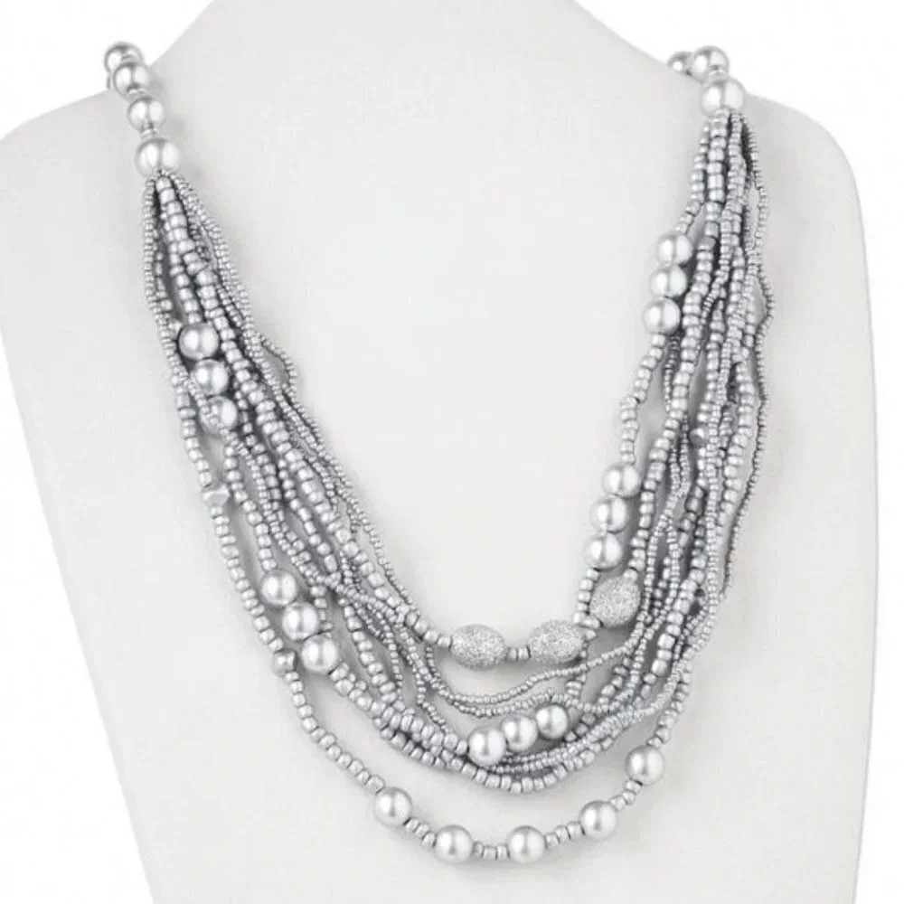 Metallic Silver Wood Bead Multi Strand Necklace